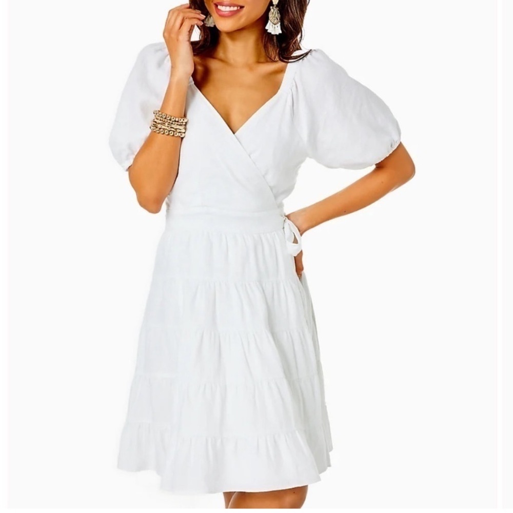 LILLY PULITZER The Iralee 💯 Linen Tiered Puff Sleeve Wrap Dress in WHITE SZ: 4